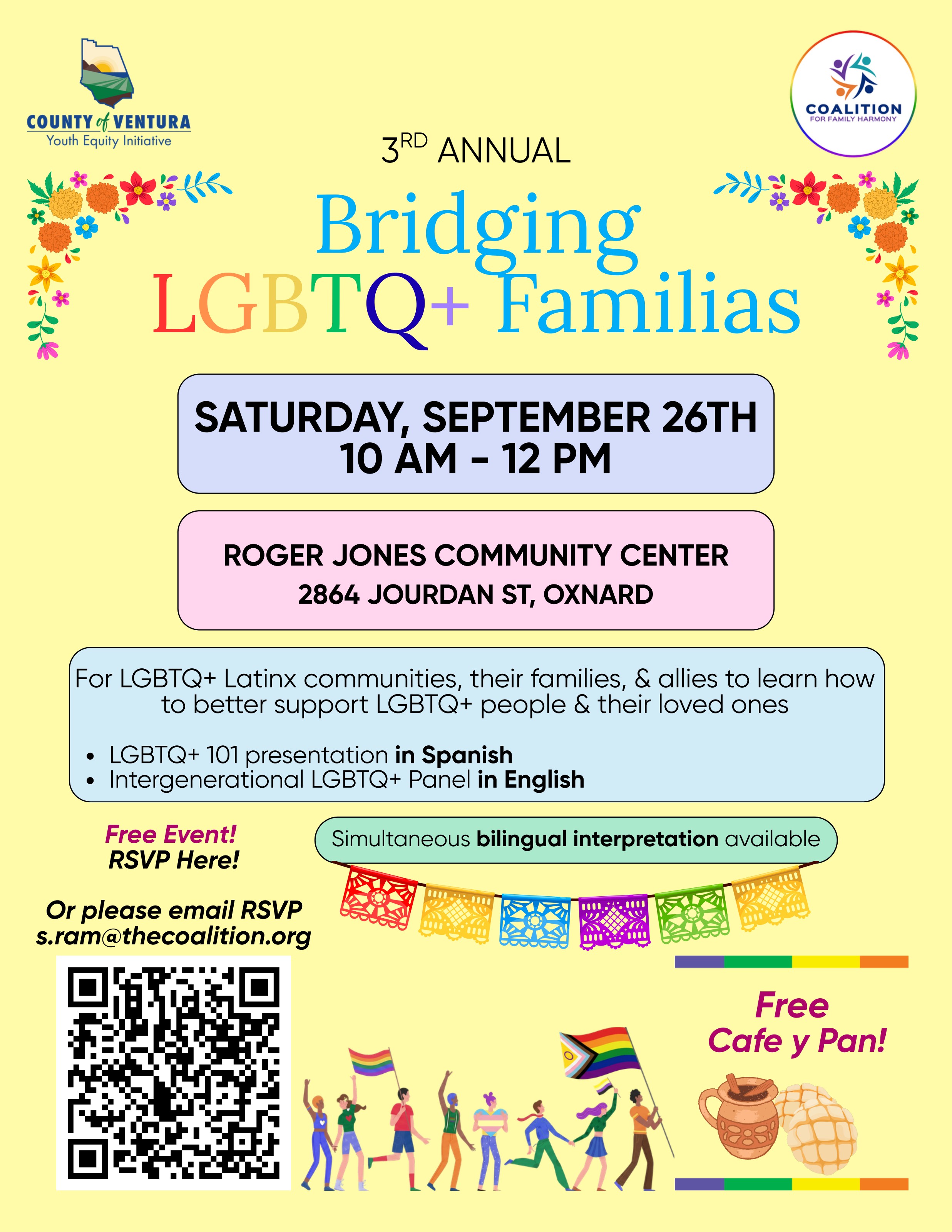 Event flyer in English for the 3rd Annual Bridging LGBTQ+ Familias on Saturday, September 26, 10 AM to 12 PM at the Roger Jones Community Center in Oxnard