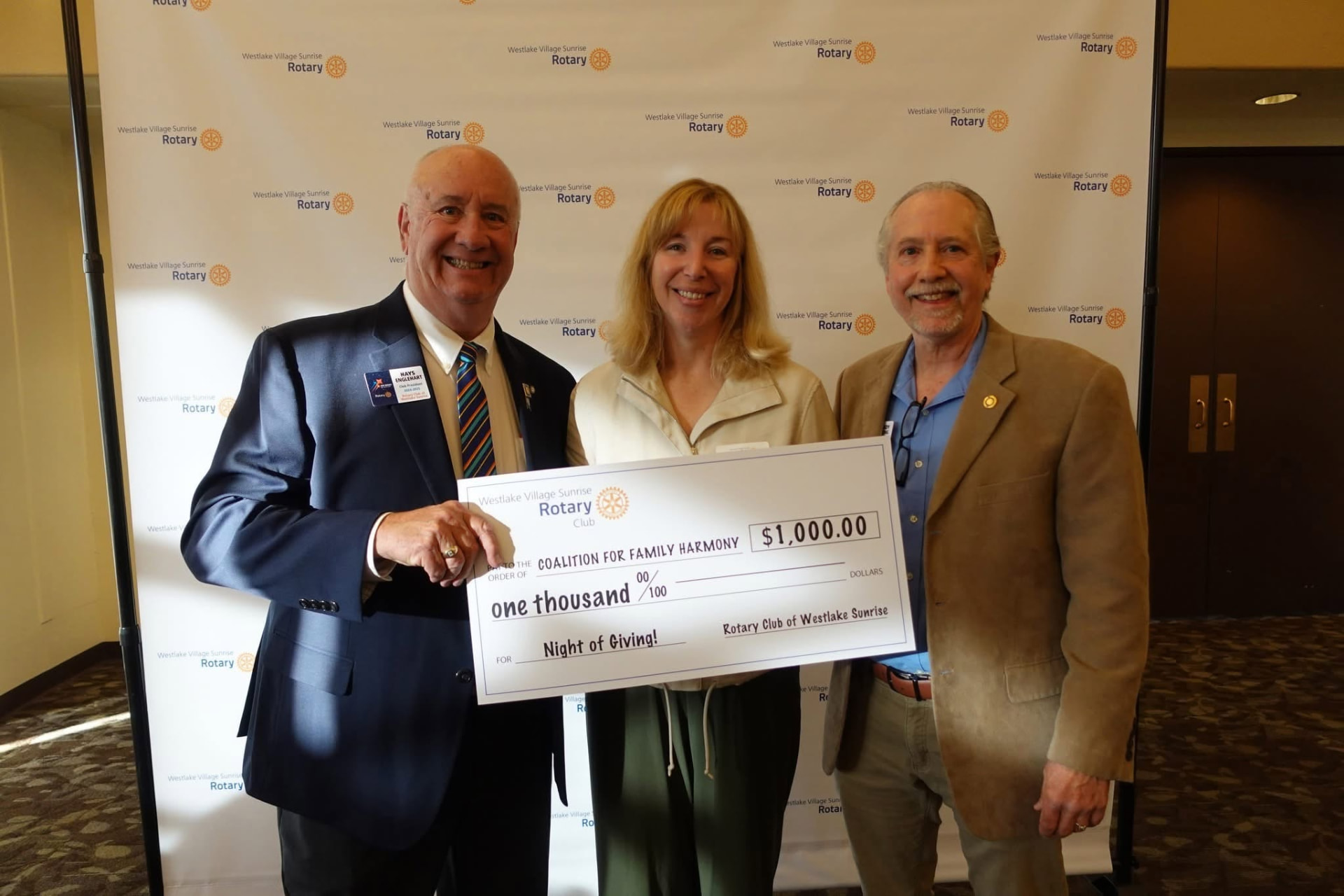 Westlake Village Sunrise Rotary presenting a $1,000 Night of Giving check to the Coalition